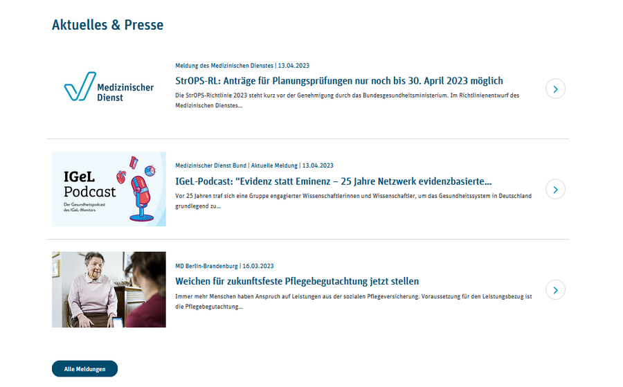 Bild zeigt: Internet·seite vom Medizinischen Dienst Berlin-Brandenburg mit einem Pfeil auf die neuen Meldungen.