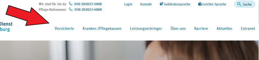 Bild zeigt: Internet·seite vom Medizinischen Dienst Berlin-Brandenburg mit einem Pfeil auf die 7 Wörter über dem Foto.