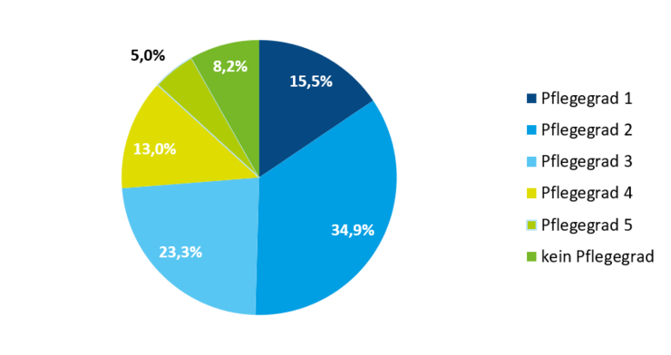 Verteilung der Pflegegrade im Jahr 2020 Verteilung der Pflegegrade 2020, Pflegegrad 2 hat mit 34,9 % den größten Anteil, danach Pflegegrad 3 mit 23,3 %. Im Anschluss folgen Pflegegrad 1 mit 15,5 %, Pflegegrad 4 mit 13 %, kein Pflegegrad mit 8,2 % sowie Pflegegrad 5 mit 5%.