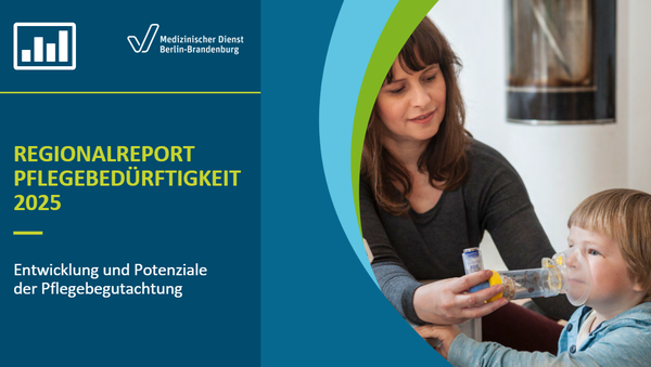 Grafik mit dem Schriftzug "Regionalreport Pflegebedürftigkeit 2025" auf der linken Seite und dem Foto eines pflegebedürftigen Kindes auf der rechten Seite