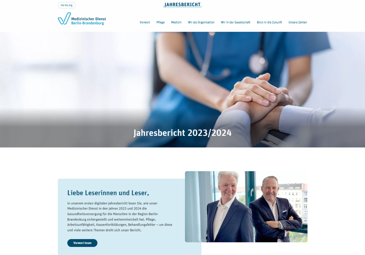Bildschirmfoto der oberen Hälfte der Startseite des digitalen Jahresberichts 2034/2024 des Medizinischen Dienstes Berlin-Brandenburg