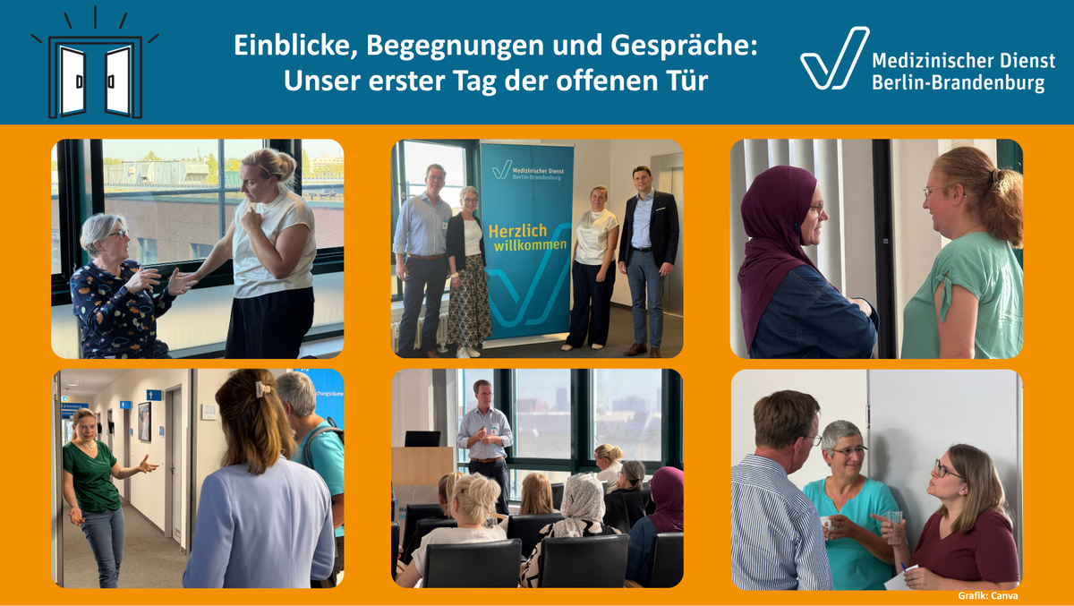 Fotokollage mit sechs Fotos. &Uuml;berschrift: Einblicke, Begegnungen und Gespr&auml;che: Unser erster Tag der offenen T&uuml;r. Abgebildet sind G&auml;ste dieser Veranstaltung, die miteinander und mit den Expertinnen und Experten des MD BB sprechen.