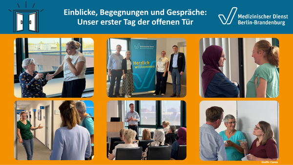 Fotokollage mit sechs Fotos. &Uuml;berschrift: Einblicke, Begegnungen und Gespr&auml;che: Unser erster Tag der offenen T&uuml;r. Abgebildet sind G&auml;ste dieser Veranstaltung, die miteinander und mit den Expertinnen und Experten des MD BB sprechen.